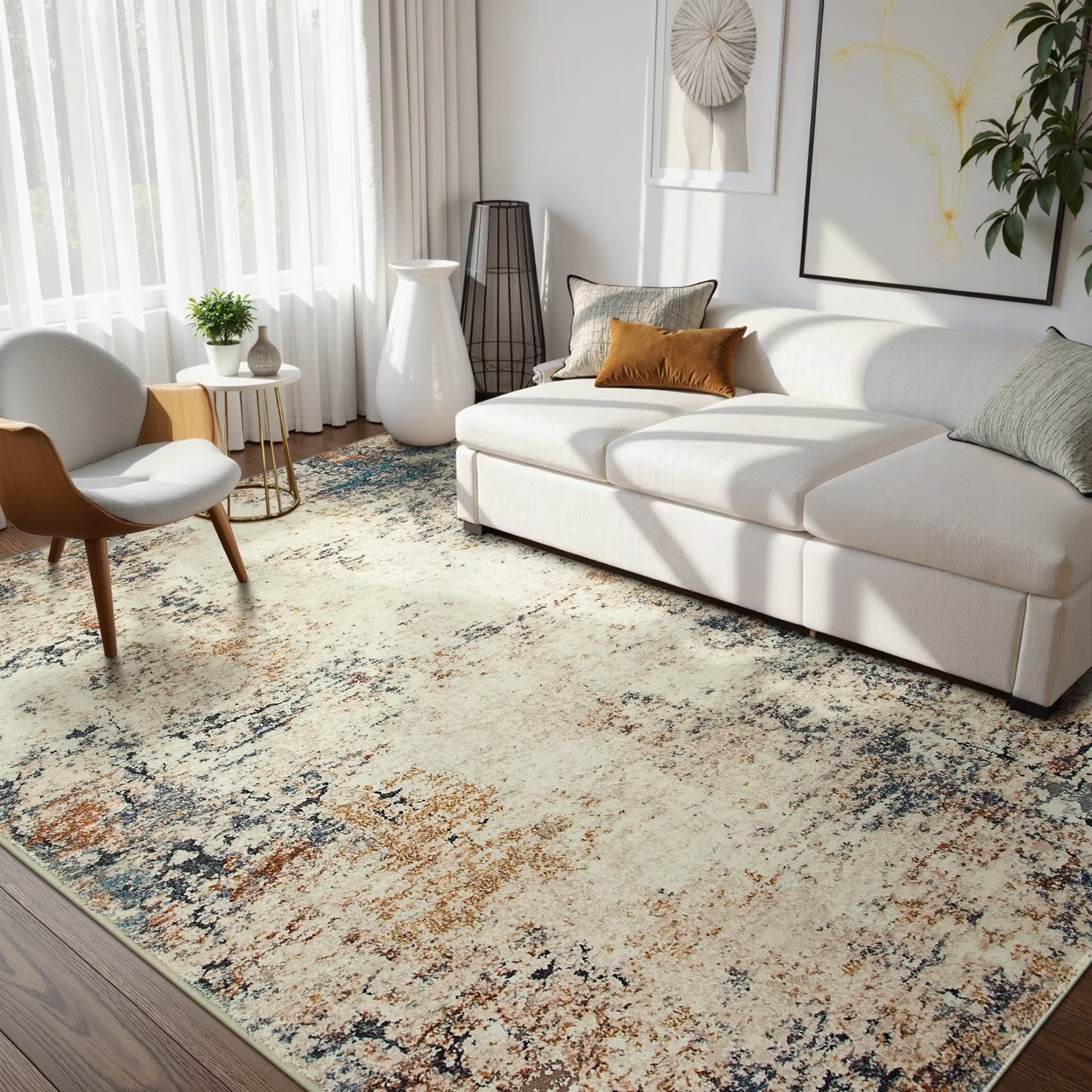 RUG ROBT Area Rugs for Living Room, Non-Slip Washable Rug, Indoor Soft Modern Abstract Distressed Accent Carpet for Bedroom, Dining Room, Kitchen
