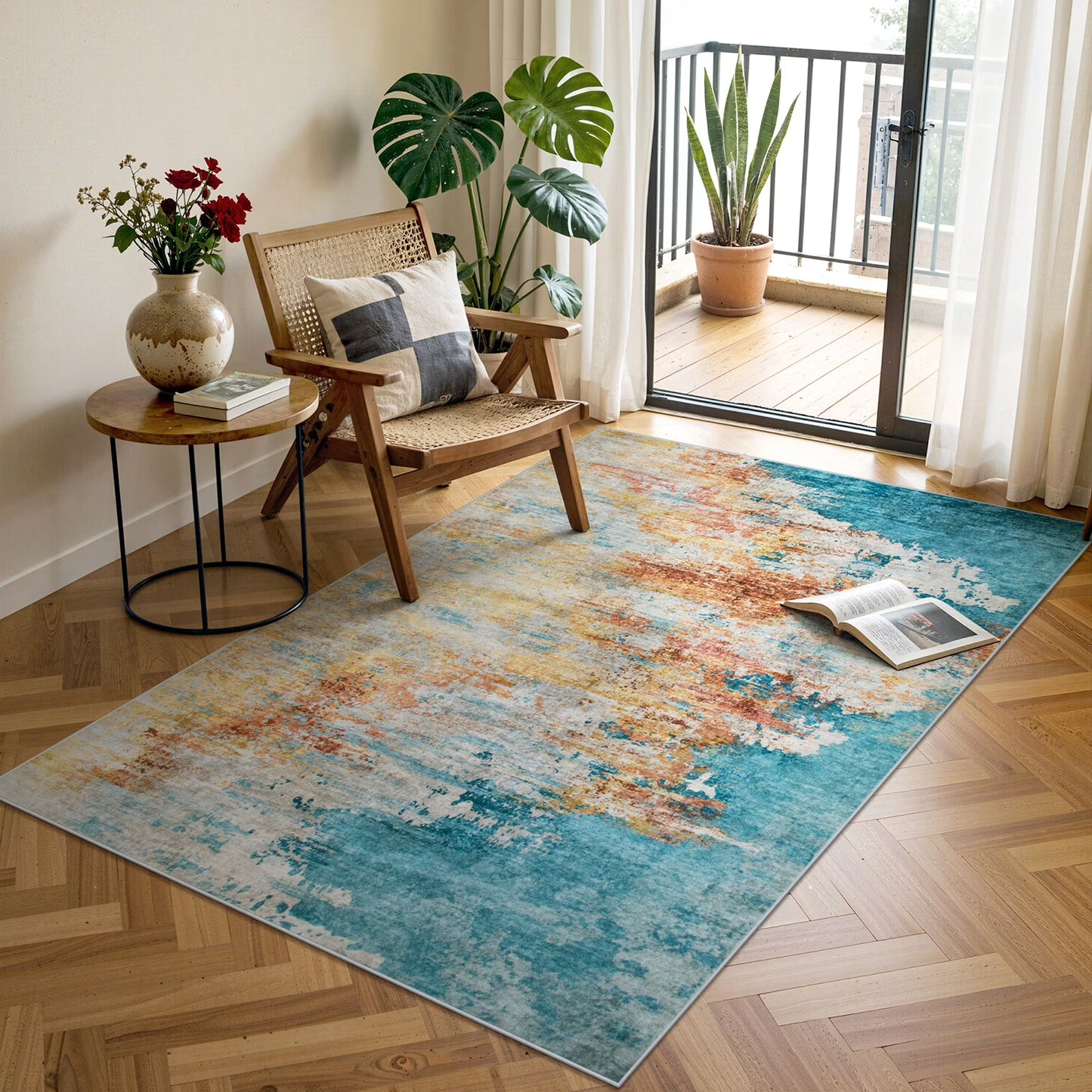 RUG ROBOT Abstract Living Room Rug, Soft Modern Washable Area Rugs for Bedroom Non Slip, Ultra Thin Foldable Low Pile Carpet for Dining Room Kitchen Bathroom Office