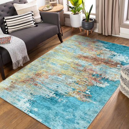 RUG ROBOT Abstract Living Room Rug 4'x6', Soft Modern Washable Area Rugs for Bedroom Non Slip, Ultra Thin Foldable Low Pile Carpet for Dining Room Kitchen Bathroom Office, Yellow/Blue