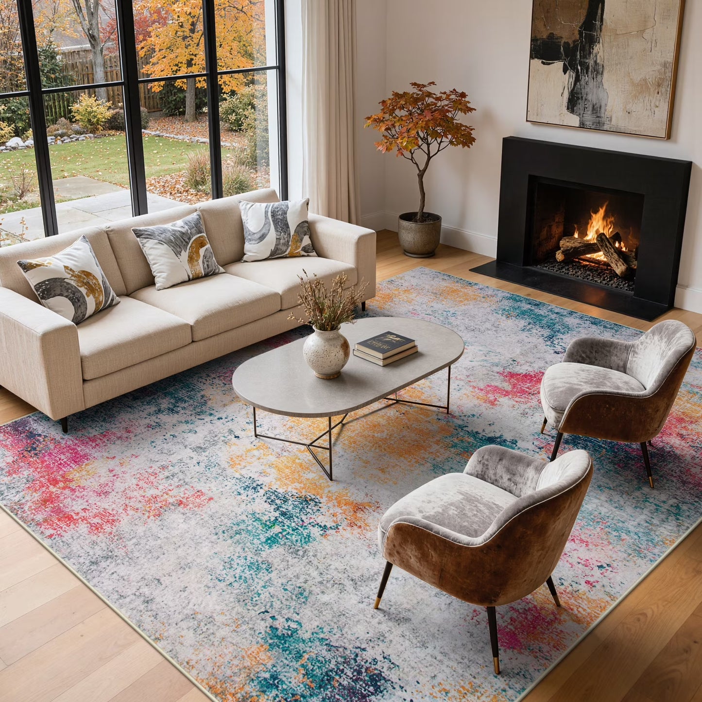 RUG ROBOT Abstract Living Room Rug, Soft Modern Washable Area Rugs for Bedroom Non Slip, Ultra Thin Foldable Low Pile Carpet for Dining Room Kitchen Bathroom Office