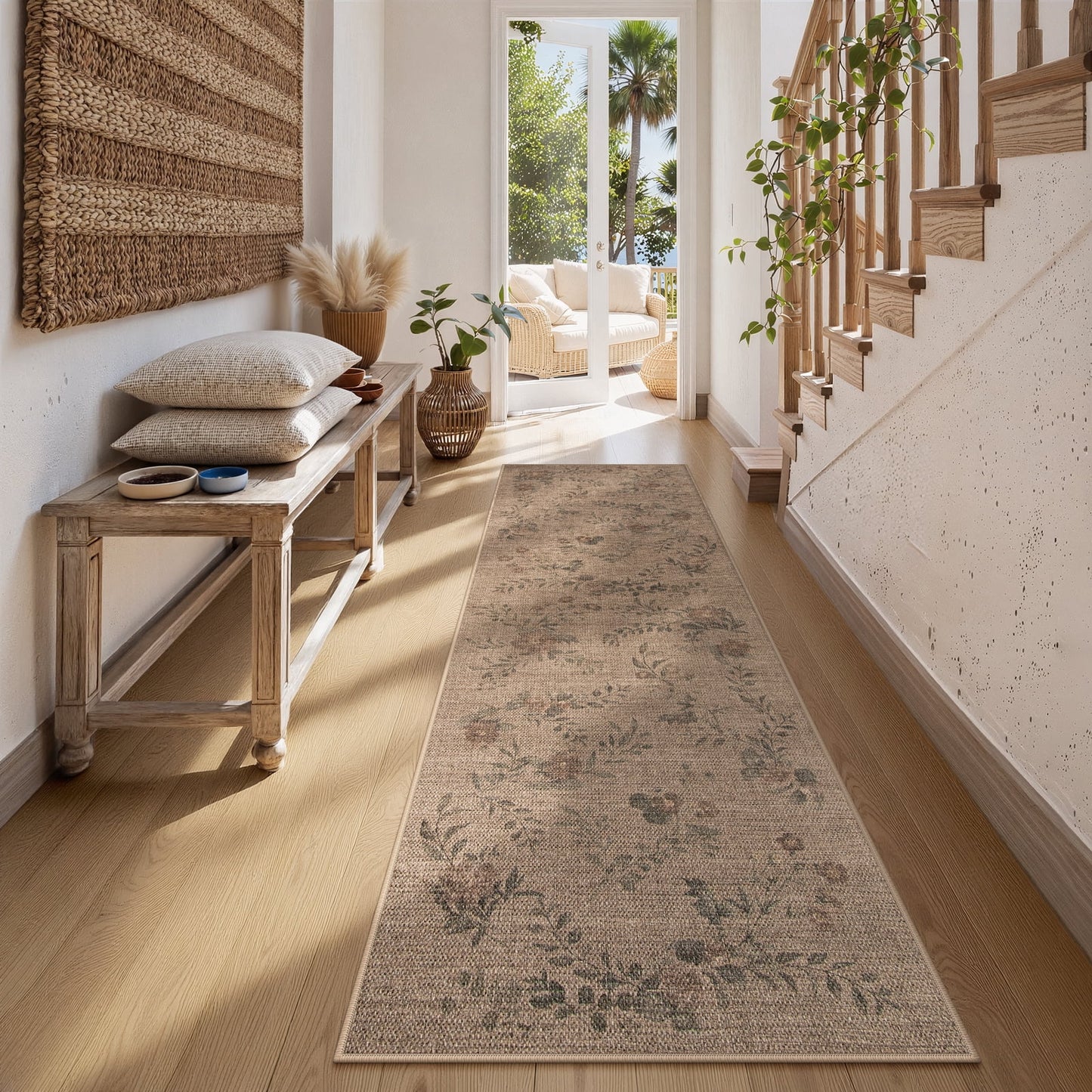 SUNDEREY Floral Easy Jute Rug,Area Rug Washable Bedroom Rug,Easy Jute Indoor Outdoor Carpet, Farmhouse Non Slip Khaki Floor Rug for Dining Room Office Entrance Kitchen