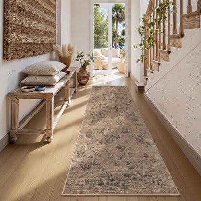 SUNDEREY Floral Easy Jute Rug,Area Rug Washable Bedroom Rug,Easy Jute Indoor Outdoor Carpet, Farmhouse Non Slip Khaki Floor Rug for Dining Room Office Entrance Kitchen