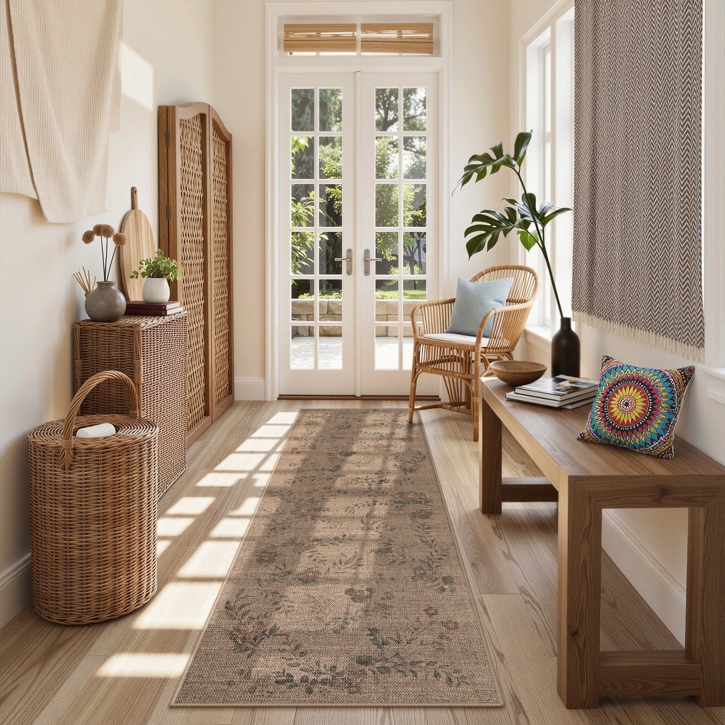 SUNDEREY Floral Easy Jute Rug,Area Rug Washable Bedroom Rug,Easy Jute Indoor Outdoor Carpet, Farmhouse Non Slip Khaki Floor Rug for Dining Room Office Entrance Kitchen