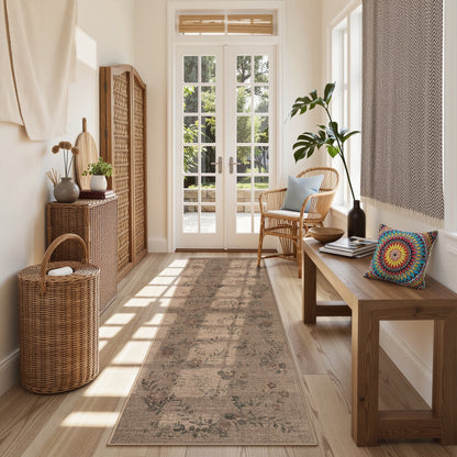 SUNDEREY Floral Easy Jute Rug,Area Rug Washable Bedroom Rug,Easy Jute Indoor Outdoor Carpet, Farmhouse Non Slip Khaki Floor Rug for Dining Room Office Entrance Kitchen