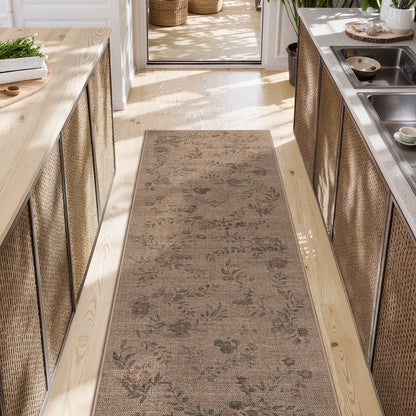 SUNDEREY Floral Easy Jute Rug,Area Rug Washable Bedroom Rug,Easy Jute Indoor Outdoor Carpet, Farmhouse Non Slip Khaki Floor Rug for Dining Room Office Entrance Kitchen