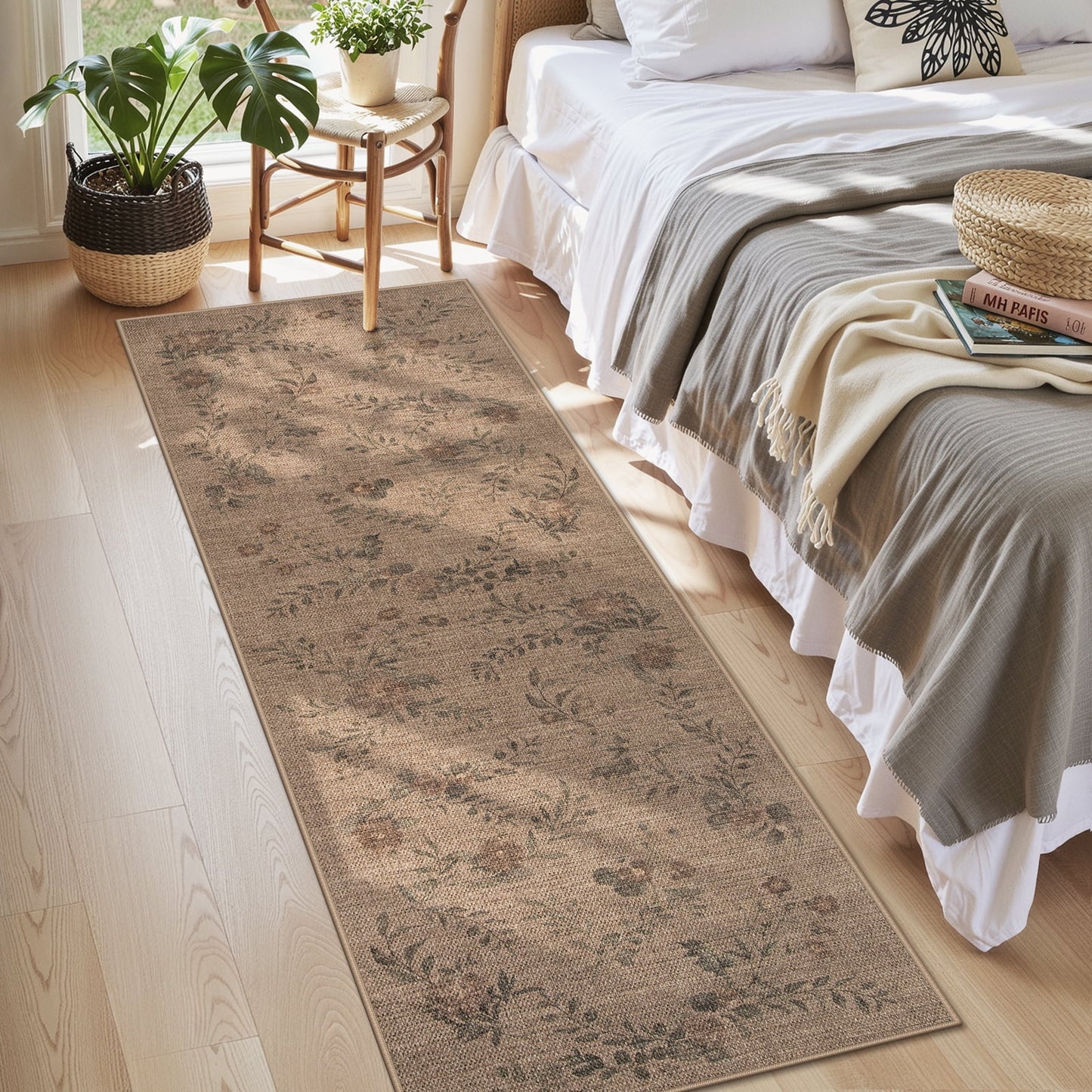 SUNDEREY Floral Easy Jute Rug,Area Rug Washable Bedroom Rug,Easy Jute Indoor Outdoor Carpet, Farmhouse Non Slip Khaki Floor Rug for Dining Room Office Entrance Kitchen