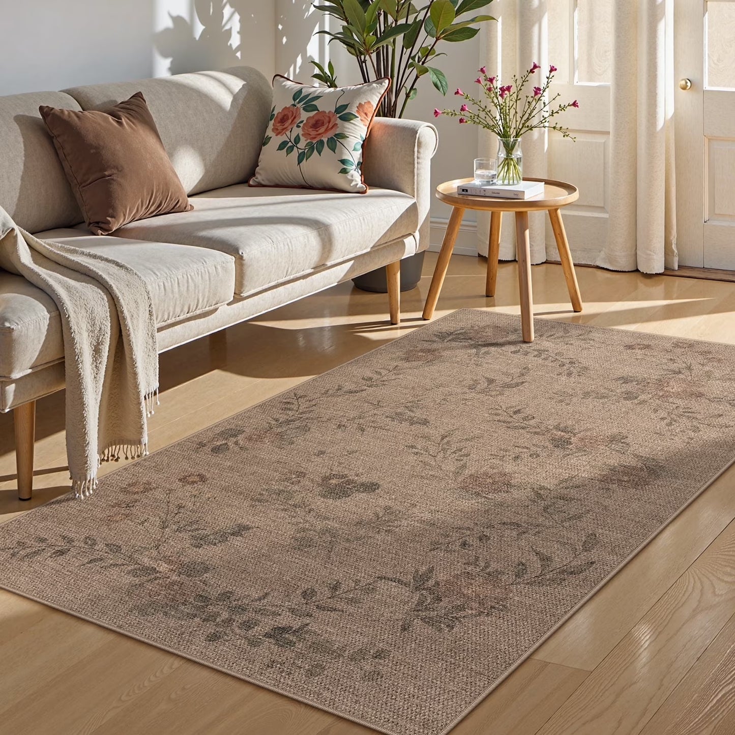SUNDEREY Floral Easy Jute Rug,Area Rug Washable Bedroom Rug,Easy Jute Indoor Outdoor Carpet, Farmhouse Non Slip Khaki Floor Rug for Dining Room Office Entrance Kitchen