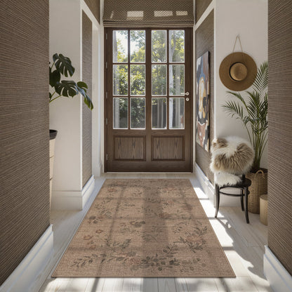 SUNDEREY Floral Easy Jute Rug,Area Rug Washable Bedroom Rug,Easy Jute Indoor Outdoor Carpet, Farmhouse Non Slip Khaki Floor Rug for Dining Room Office Entrance Kitchen