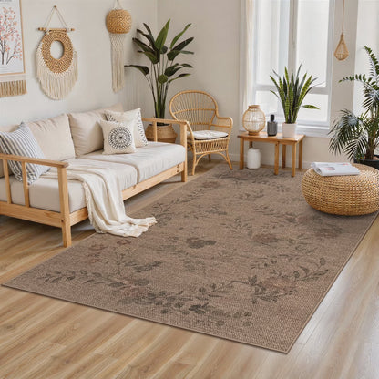 SUNDEREY Floral Easy Jute Rug,Area Rug Washable Bedroom Rug,Easy Jute Indoor Outdoor Carpet, Farmhouse Non Slip Khaki Floor Rug for Dining Room Office Entrance Kitchen