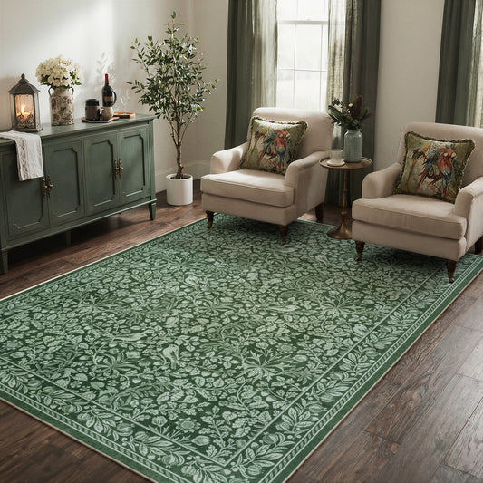 Lahome Washable Area Rug, Vintage Floral Rugs for Living Room, Non-Slip Soft Low Pile Botanical Birds Pattern Carpet for Bedroom Dining Room Office Decor