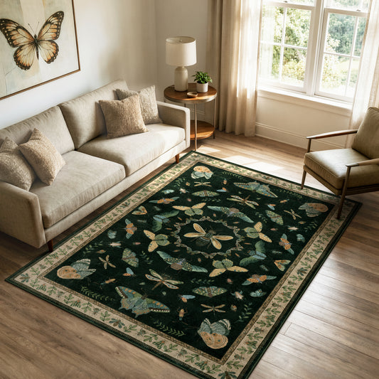 Lahome Washable Insect Botanical Pattern Area Rug, Boho Vintage Forest Rugs for Living Room, Ultra-Thin Non-Shedding Non-Slip Soft Carpet for Bedroom Dining Room Nursery