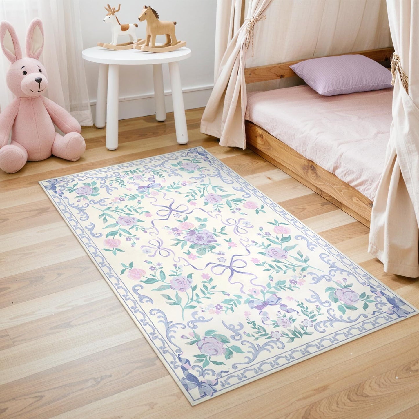 Wonnitar Bow Nursery Rug for Living Room Washable Area Rug forDorm, Cute Ultra-Thin Non Slip Indoor Decor Carpet for Kids Room Playroom