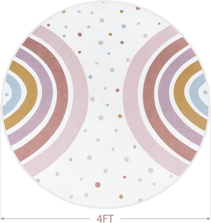 Wonnitar Rainbow Kids Rug - Colorful Circular Play Mat for Nursery & Playroom, Machine Washable Non-Slip Soft Carpet for Classroom, Teepee, Castle