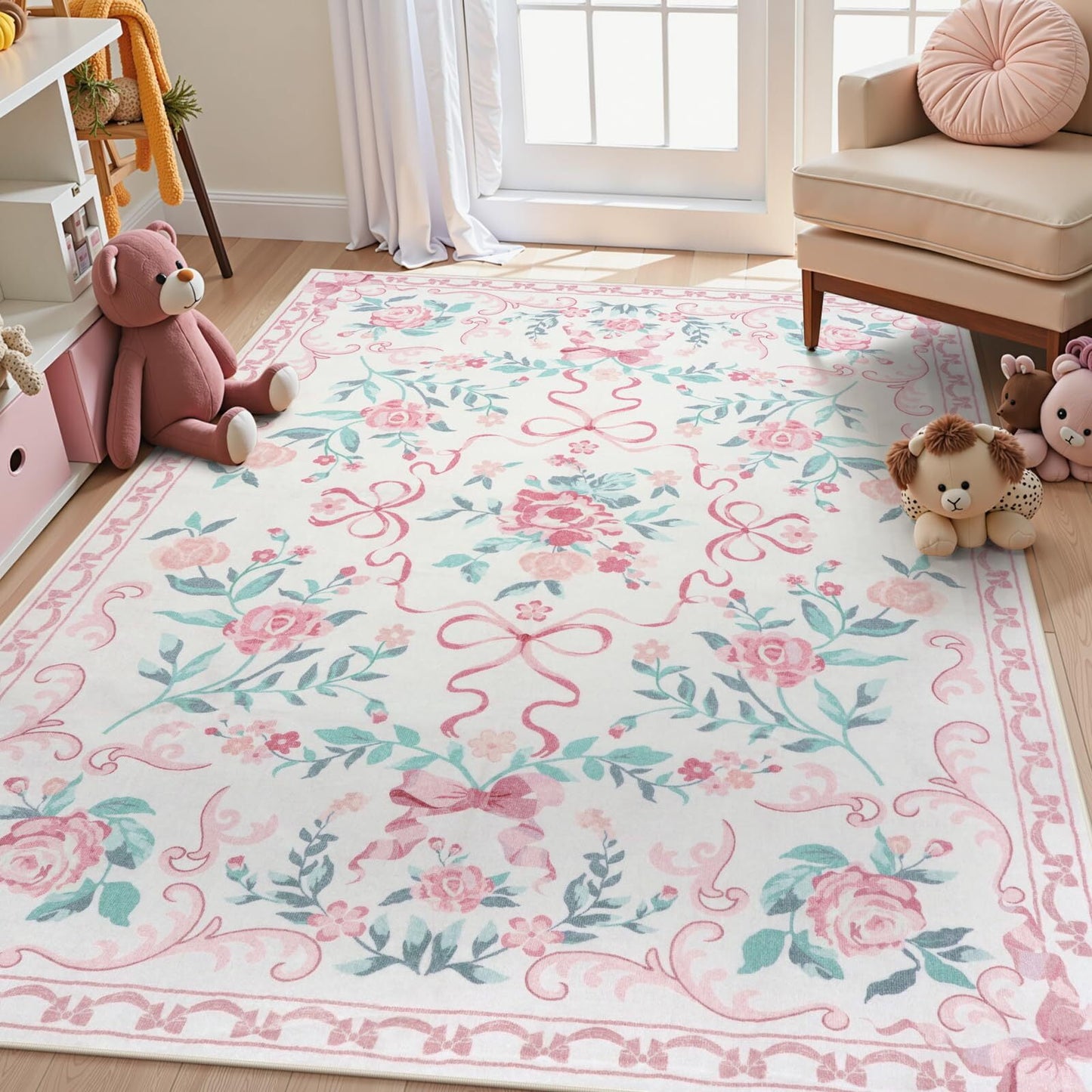 Wonnitar Bow Nursery Rug for Living Room Washable Area Rug forDorm, Cute Ultra-Thin Non Slip Indoor Decor Carpet for Kids Room Playroom