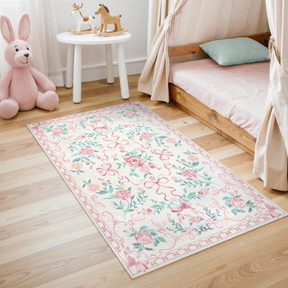 Wonnitar Bow Nursery Rug for Living Room Washable Area Rug forDorm, Cute Ultra-Thin Non Slip Indoor Decor Carpet for Kids Room Playroom