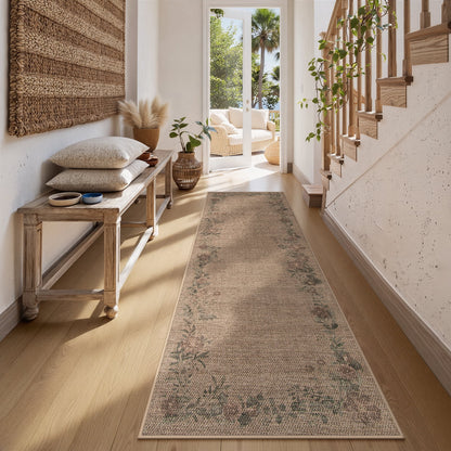 SUNDEREY Floral Easy Jute Rug,Area Rug Washable Bedroom Rug,Easy Jute Indoor Outdoor Carpet, Farmhouse Non Slip Khaki Floor Rug for Dining Room Office Entrance Kitchen