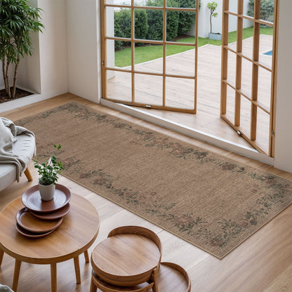 SUNDEREY Floral Easy Jute Rug,Area Rug Washable Bedroom Rug,Easy Jute Indoor Outdoor Carpet, Farmhouse Non Slip Khaki Floor Rug for Dining Room Office Entrance Kitchen