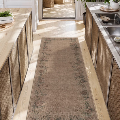 SUNDEREY Floral Easy Jute Rug,Area Rug Washable Bedroom Rug,Easy Jute Indoor Outdoor Carpet, Farmhouse Non Slip Khaki Floor Rug for Dining Room Office Entrance Kitchen