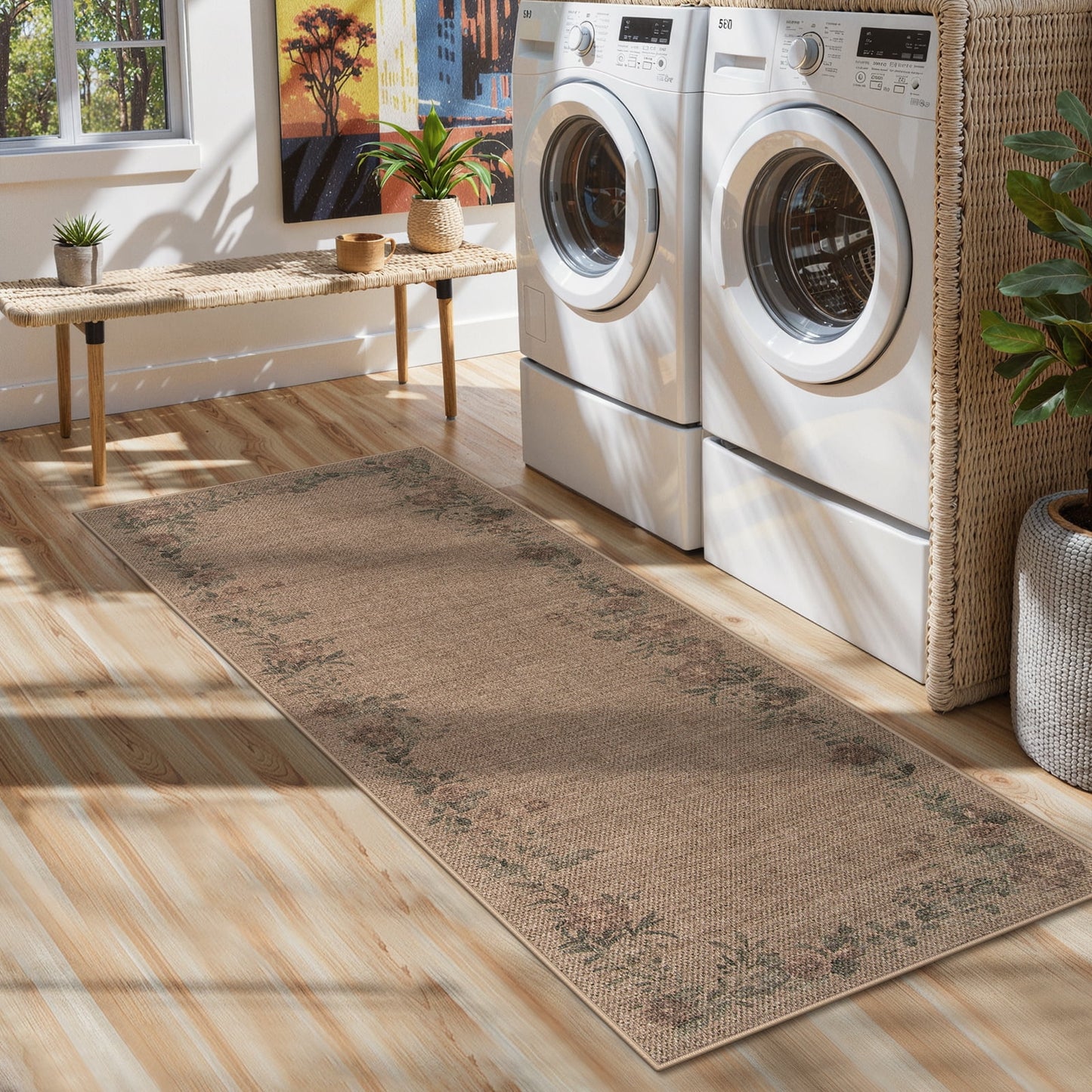 SUNDEREY Floral Easy Jute Rug,Area Rug Washable Bedroom Rug,Easy Jute Indoor Outdoor Carpet, Farmhouse Non Slip Khaki Floor Rug for Dining Room Office Entrance Kitchen