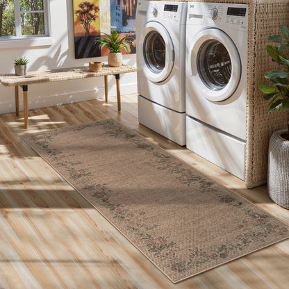 SUNDEREY Floral Easy Jute Rug,Area Rug Washable Bedroom Rug,Easy Jute Indoor Outdoor Carpet, Farmhouse Non Slip Khaki Floor Rug for Dining Room Office Entrance Kitchen