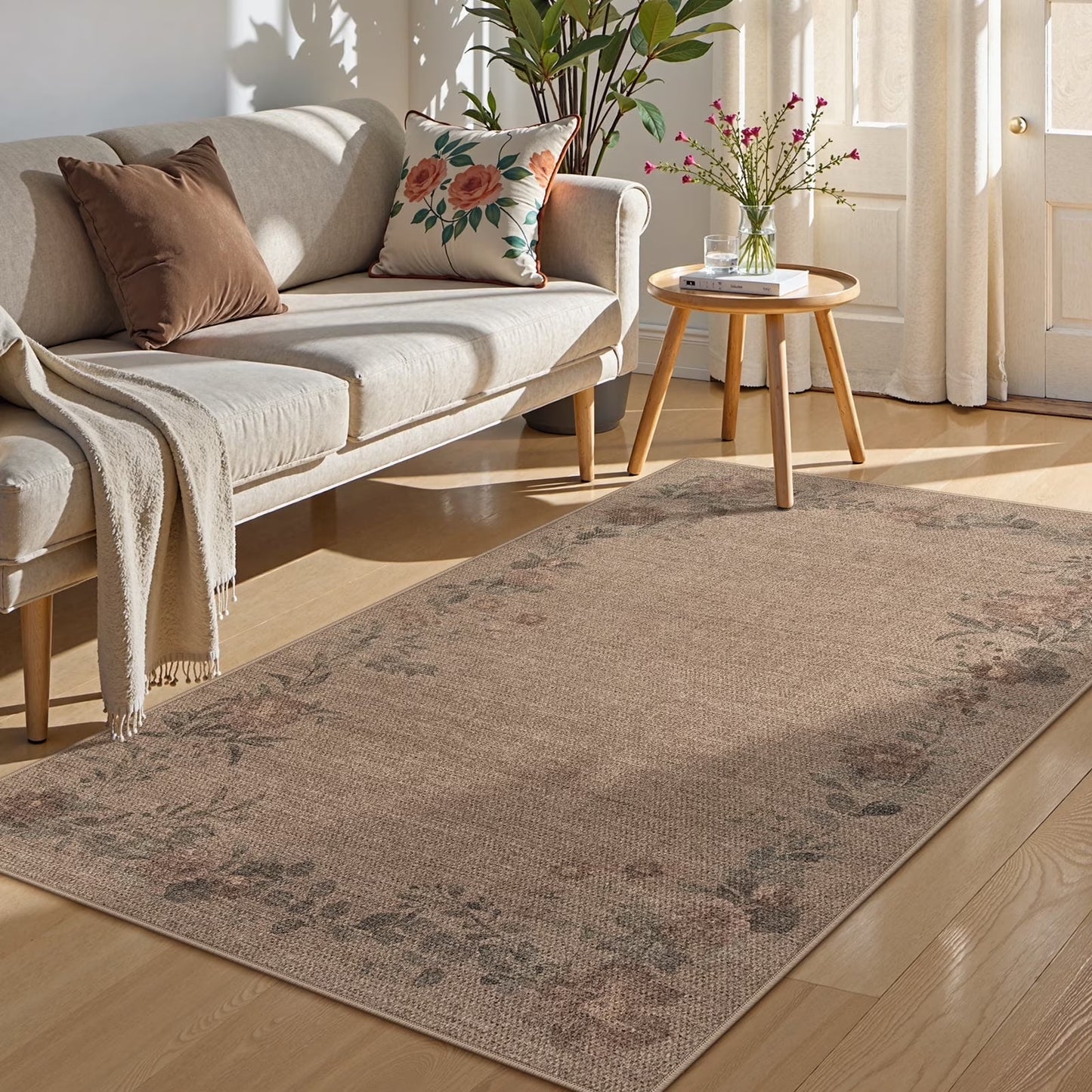SUNDEREY Floral Easy Jute Rug,Area Rug Washable Bedroom Rug,Easy Jute Indoor Outdoor Carpet, Farmhouse Non Slip Khaki Floor Rug for Dining Room Office Entrance Kitchen