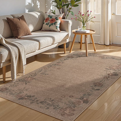 SUNDEREY Floral Easy Jute Rug,Area Rug Washable Bedroom Rug,Easy Jute Indoor Outdoor Carpet, Farmhouse Non Slip Khaki Floor Rug for Dining Room Office Entrance Kitchen