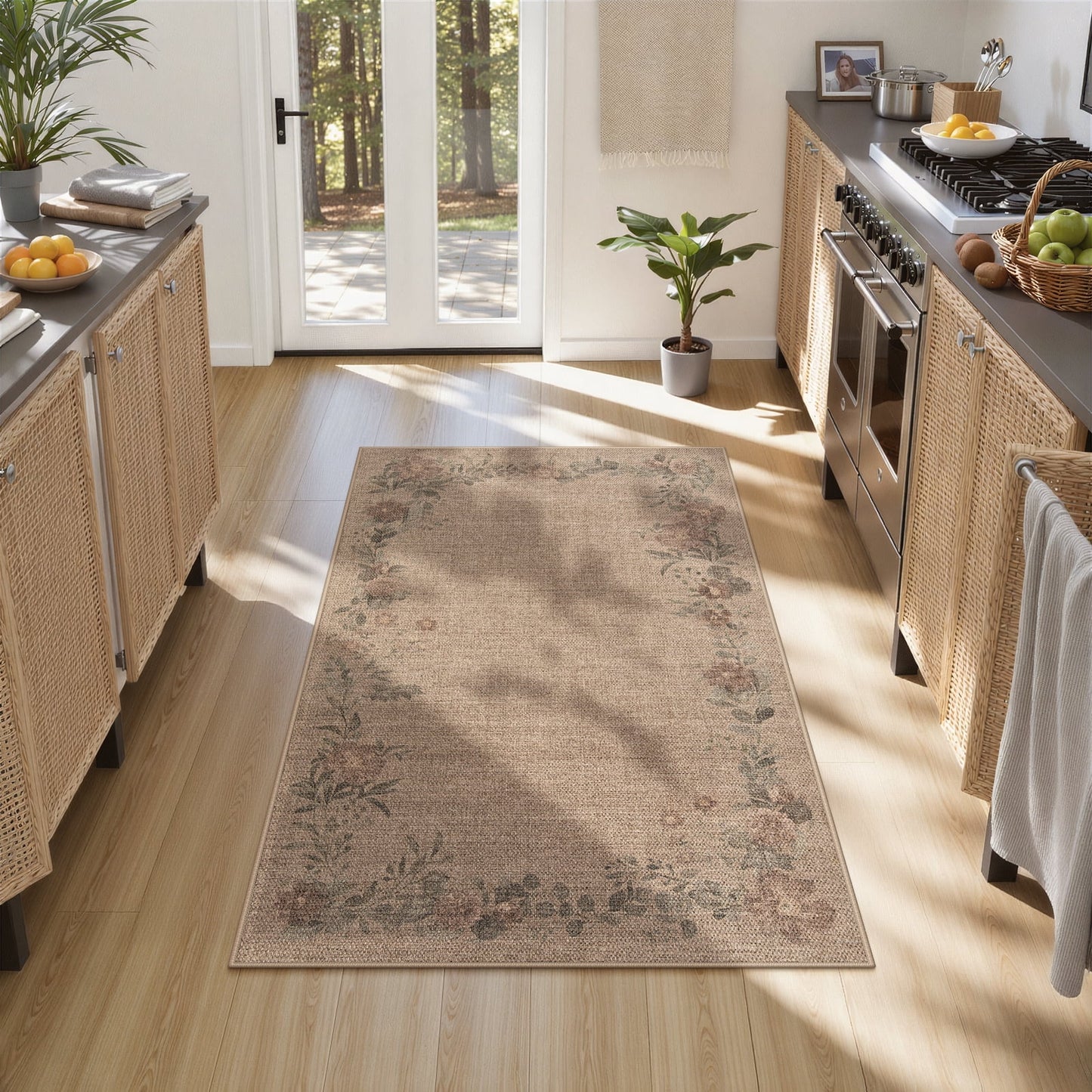 SUNDEREY Floral Easy Jute Rug,Area Rug Washable Bedroom Rug,Easy Jute Indoor Outdoor Carpet, Farmhouse Non Slip Khaki Floor Rug for Dining Room Office Entrance Kitchen