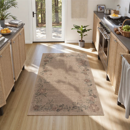 SUNDEREY Floral Easy Jute Rug,Area Rug Washable Bedroom Rug,Easy Jute Indoor Outdoor Carpet, Farmhouse Non Slip Khaki Floor Rug for Dining Room Office Entrance Kitchen