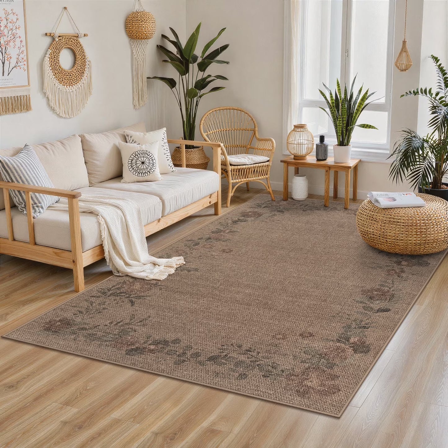 SUNDEREY Floral Easy Jute Rug,Area Rug Washable Bedroom Rug,Easy Jute Indoor Outdoor Carpet, Farmhouse Non Slip Khaki Floor Rug for Dining Room Office Entrance Kitchen