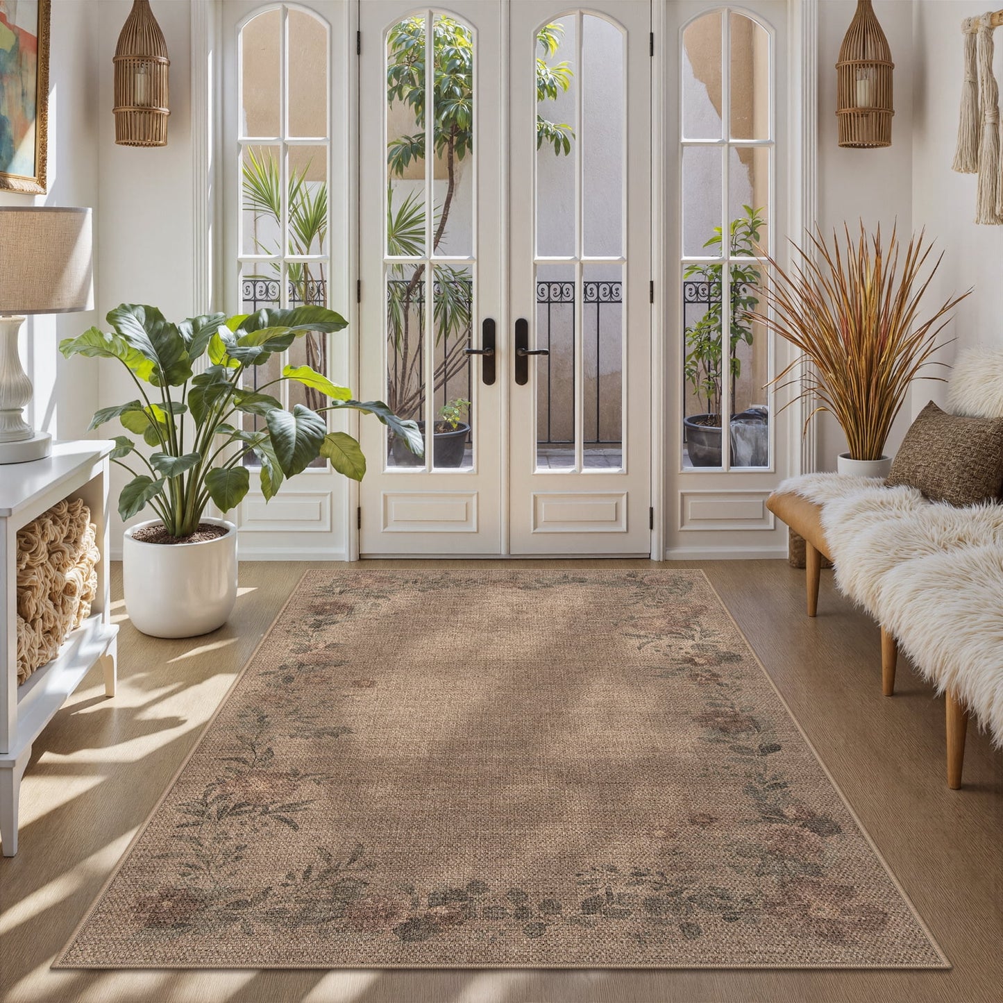 SUNDEREY Floral Easy Jute Rug,Area Rug Washable Bedroom Rug,Easy Jute Indoor Outdoor Carpet, Farmhouse Non Slip Khaki Floor Rug for Dining Room Office Entrance Kitchen