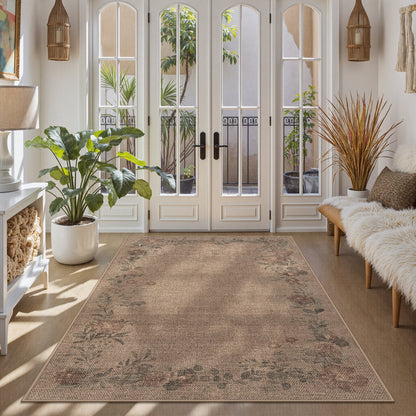 SUNDEREY Floral Easy Jute Rug,Area Rug Washable Bedroom Rug,Easy Jute Indoor Outdoor Carpet, Farmhouse Non Slip Khaki Floor Rug for Dining Room Office Entrance Kitchen