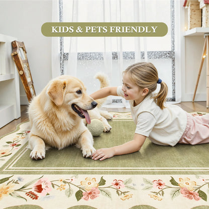 Lahome Floral Scalloped Area Rug for Living Room - Ultra-Thin Soft Washable Non-Slip Bedroom Stain Resistant Lightweight Boho Low-Pile Throw for Dining Room Office