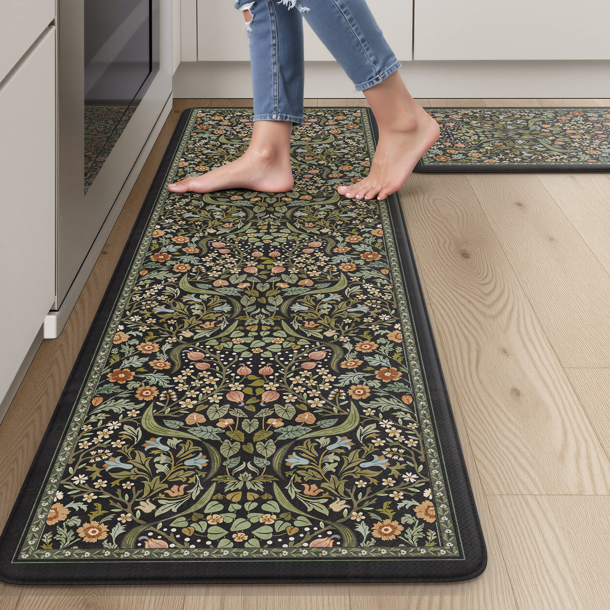 Wonnitar Floral Kitchen Rug Set of 2, Anti Fatigue Cushioned Mat for Kitchen, Non Slip Waterproof Indoor Botanical Kitchen Mat for Sink, Laundry, Hallway