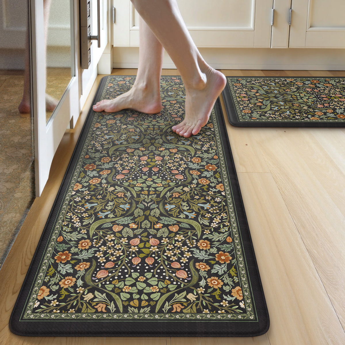 Wonnitar Floral Kitchen Rug Set of 2, Anti Fatigue Cushioned Mat for Kitchen, Non Slip Waterproof Indoor Botanical Kitchen Mat for Sink, Laundry, Hallway