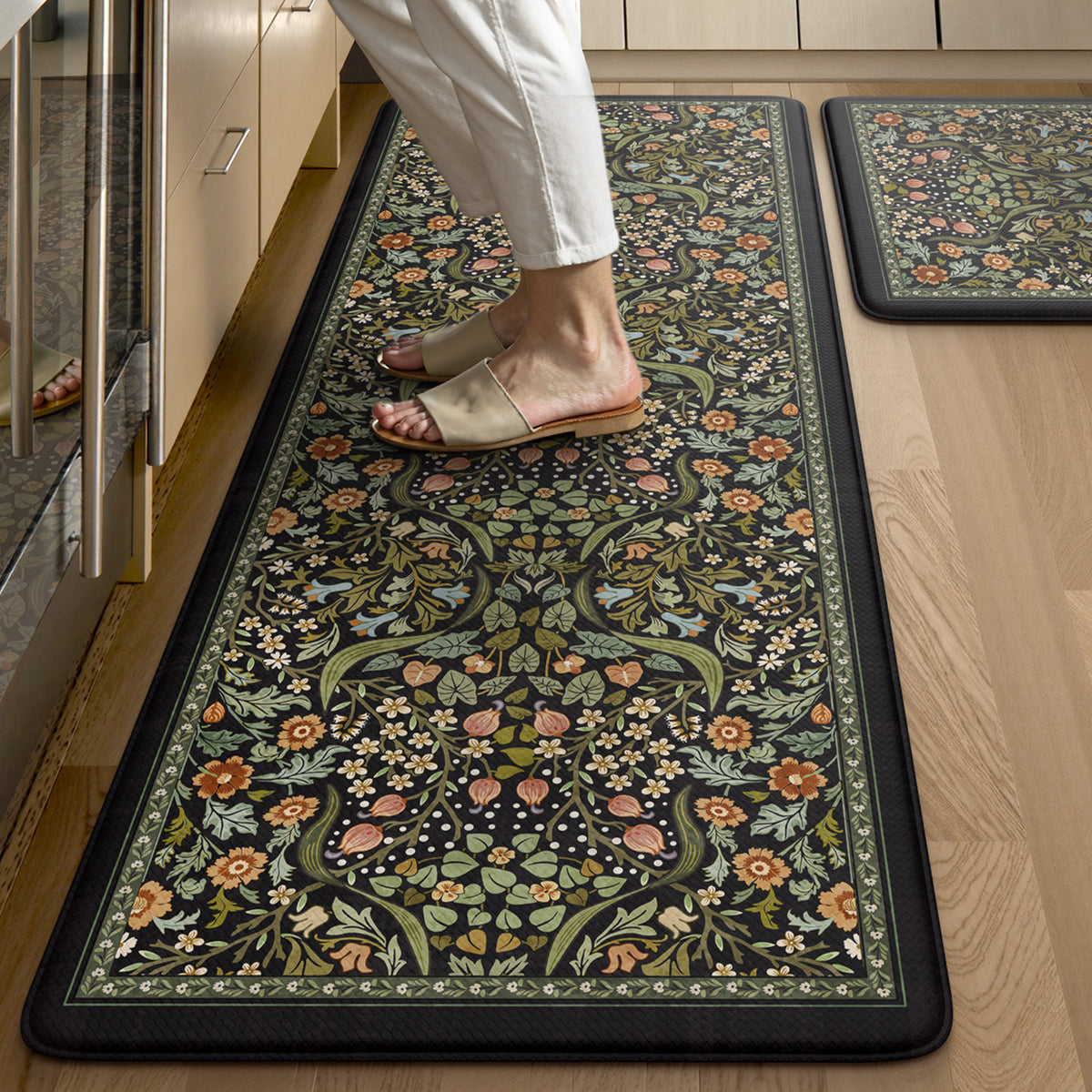Wonnitar Floral Kitchen Rug Set of 2, Anti Fatigue Cushioned Mat for Kitchen, Non Slip Waterproof Indoor Botanical Kitchen Mat for Sink, Laundry, Hallway