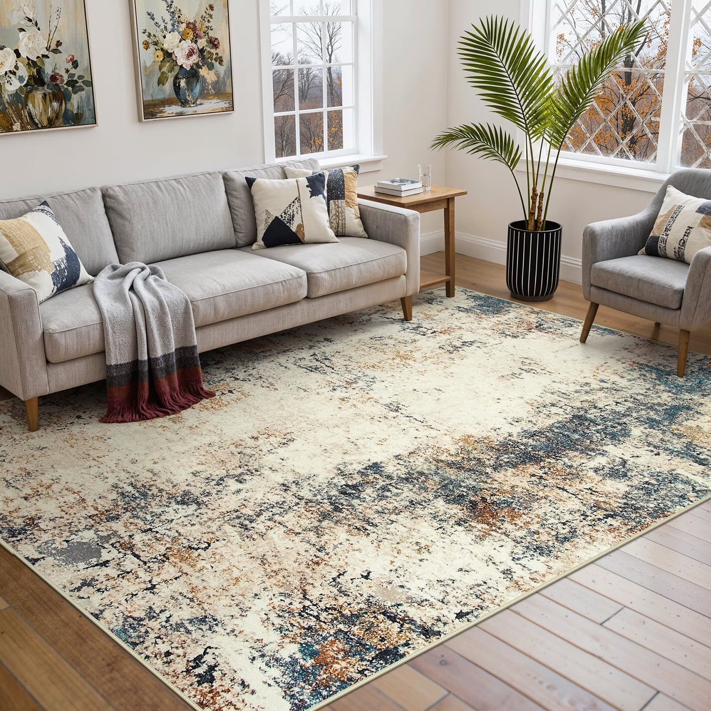 RUG ROBT Area Rugs for Living Room, Non-Slip Washable Rug, Indoor Soft Modern Abstract Distressed Accent Carpet for Bedroom, Dining Room, Kitchen
