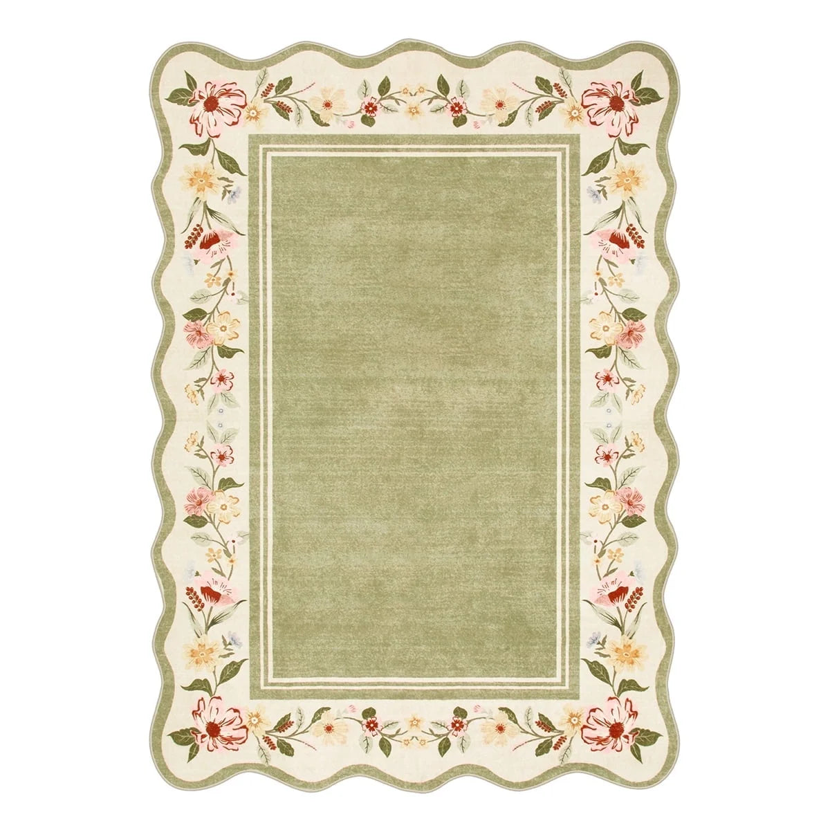 Lahome Floral Scalloped Area Rug for Living Room - Ultra-Thin Soft Washable Non-Slip Bedroom Stain Resistant Lightweight Boho Low-Pile Throw for Dining Room Office