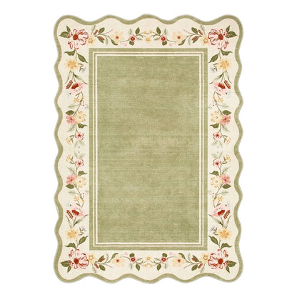 Lahome Floral Scalloped Area Rug for Living Room - Ultra-Thin Soft Washable Non-Slip Bedroom Stain Resistant Lightweight Boho Low-Pile Throw for Dining Room Office