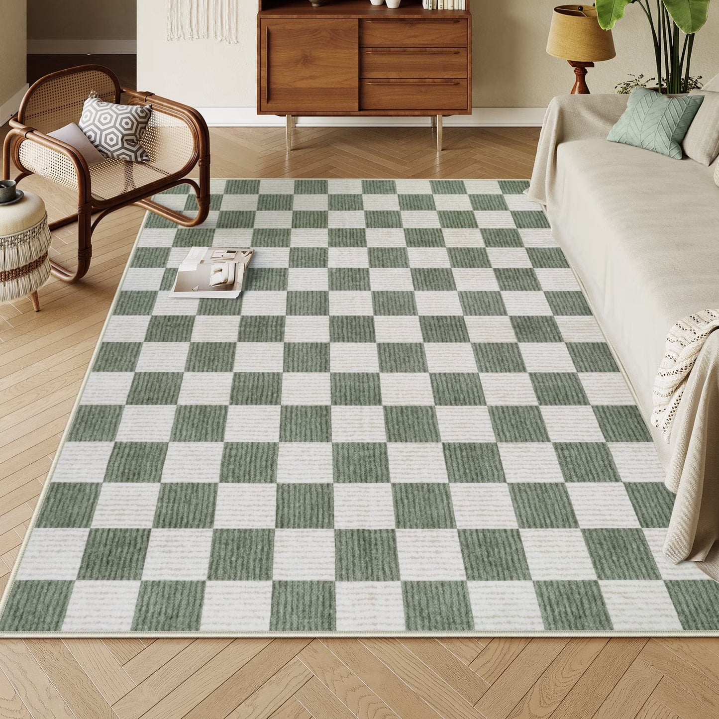 RUG ROBOT Washable Area Rugs for Living Room, Non-Slip Rugs for Bedroom, Farmhouse Checkered Rug, Soft Large Carpet for Kitchen Playroom