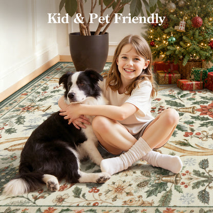 Lahome Christmas Area Rug, Vintage Holiday Washable Rugs for Living Room, Non-Slip Soft Large Carpet with Xmas Trees & Elk Design for Bedroom Dining Room Home Office Nursery