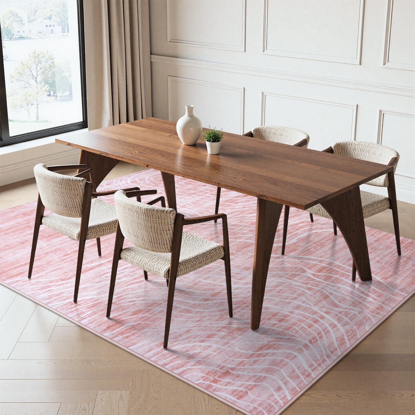 RUG ROBOT 5'x7' Abstract Area Rugs for Living Room, Soft Washable Pink Rugs for Girls Bedroom, Non-Slip Modern Wave Striped Large Accent Carpet for Dining Room Kitchen Nursery, Pink