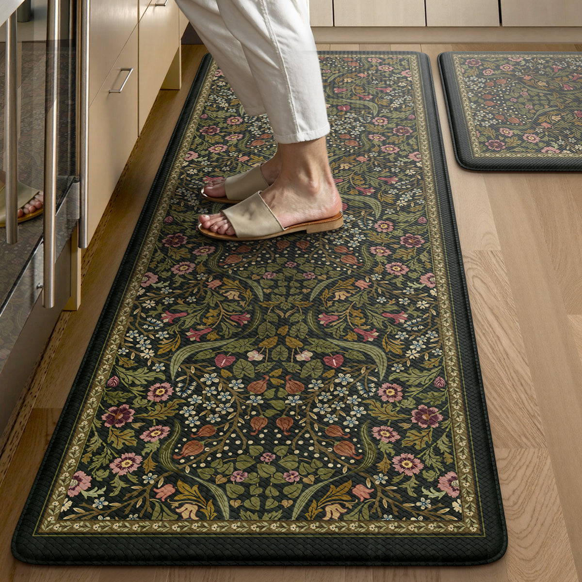 Wonnitar Floral Kitchen Rug Set of 2, Anti Fatigue Cushioned Mat for Kitchen, Non Slip Waterproof Indoor Botanical Kitchen Mat for Sink, Laundry, Hallway