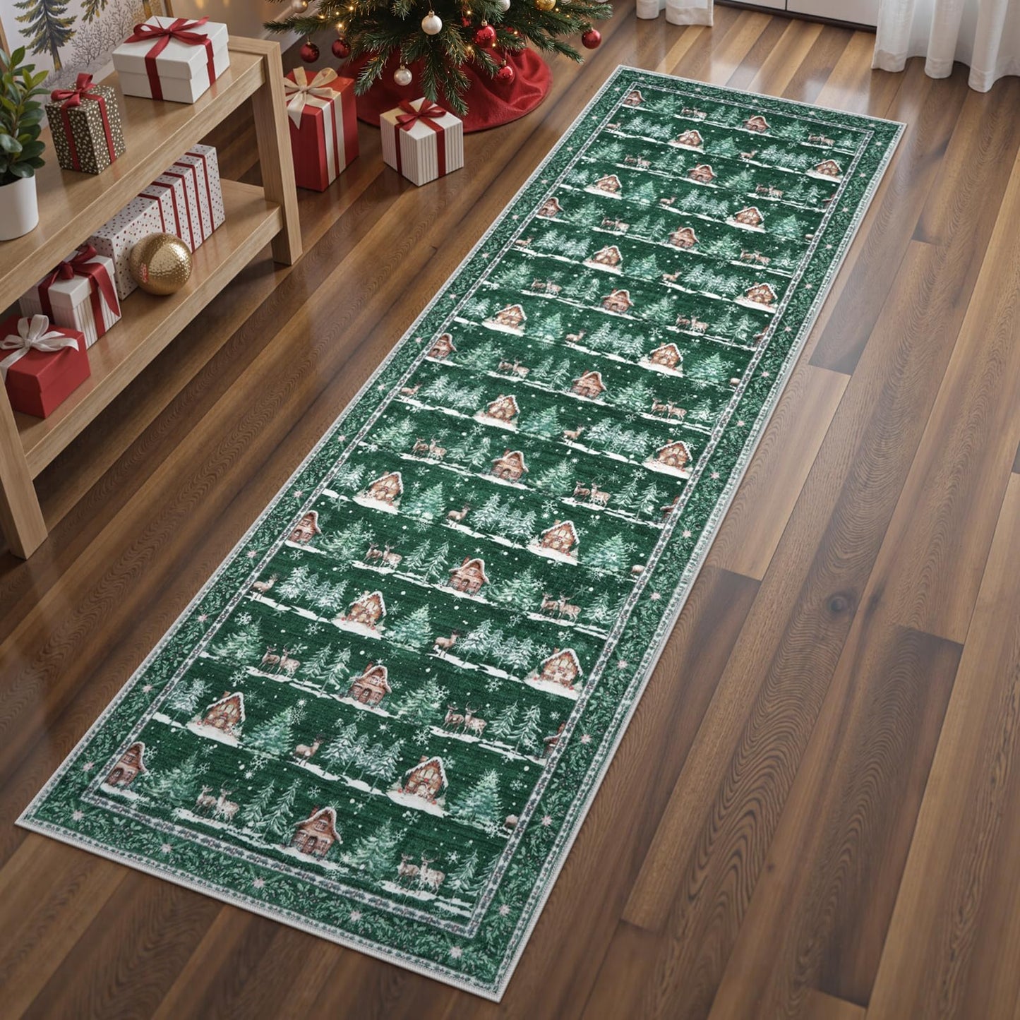 SUNDEREY Christmas Runner Rug Rug Runner for Entryway, Washable Non Slip Hallway Rugs, Stain Resistant Kitchen Rugs, Xmas Holiday Decor for Bathroom Bedside Carpet