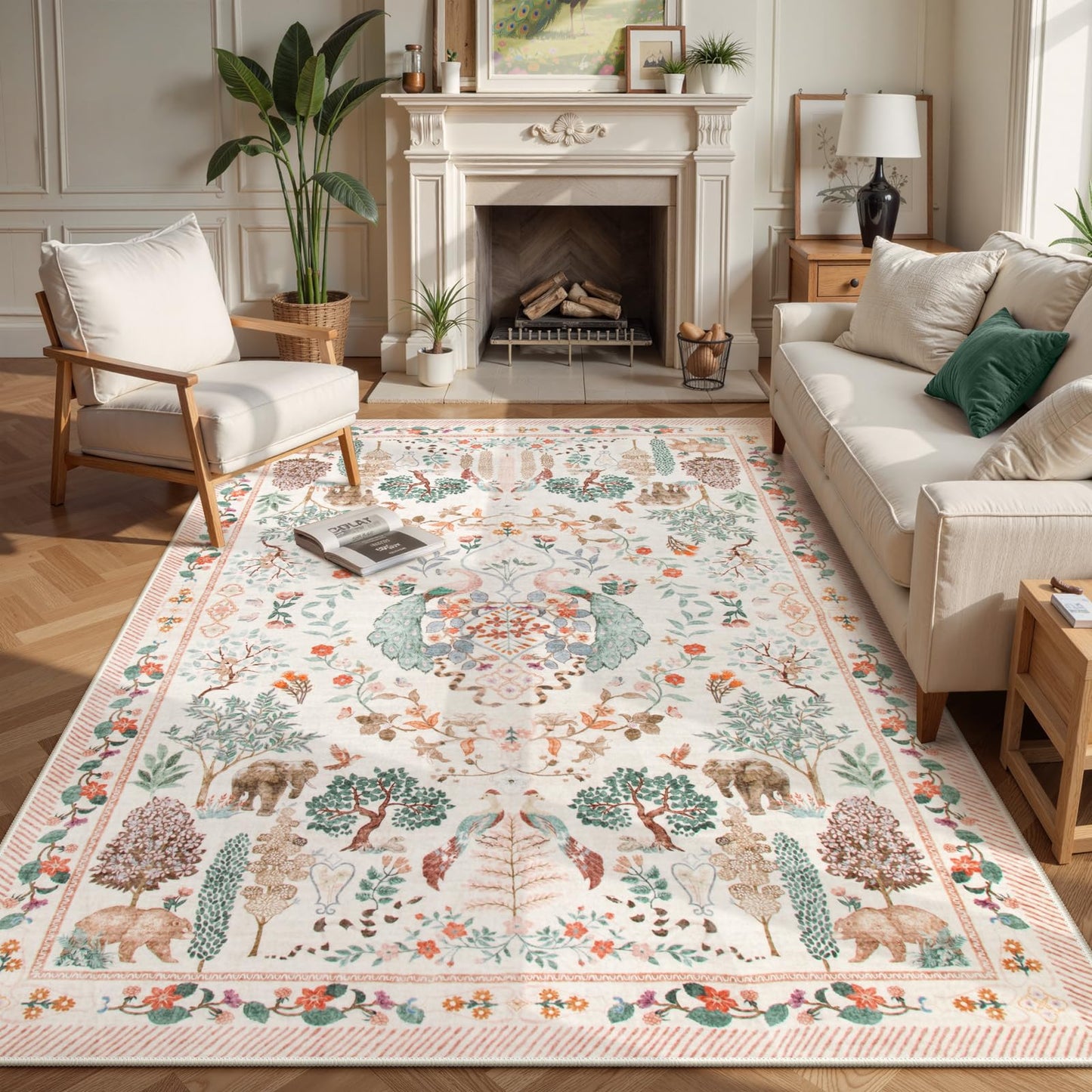SUNDEREY Floral Washable Rugs, Boho Area Rug for Living Room, Soft Large Bedroom Rug Under Bed, Flower Non Slip Ultra Thin Carpet for Dining Room Nursery Office