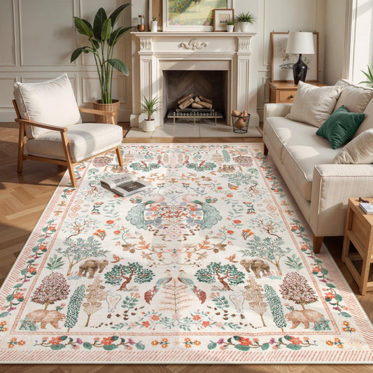 SUNDEREY Floral Washable Rugs, Boho Area Rug for Living Room, Soft Large Bedroom Rug Under Bed, Flower Non Slip Ultra Thin Carpet for Dining Room Nursery Office