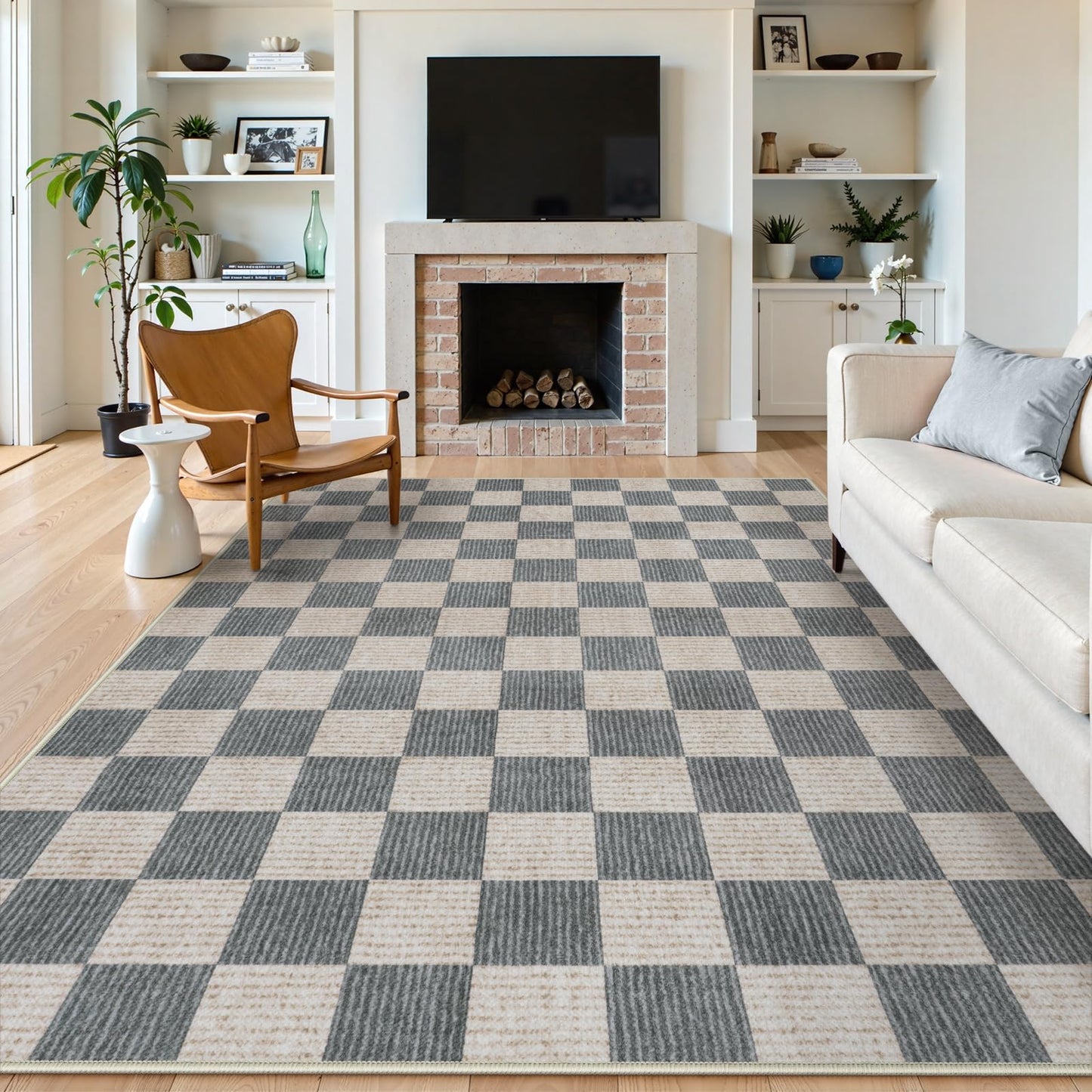 RUG ROBOT Washable Area Rugs for Living Room, Non-Slip Rugs for Bedroom, Farmhouse Checkered Rug, Soft Large Carpet for Kitchen Playroom