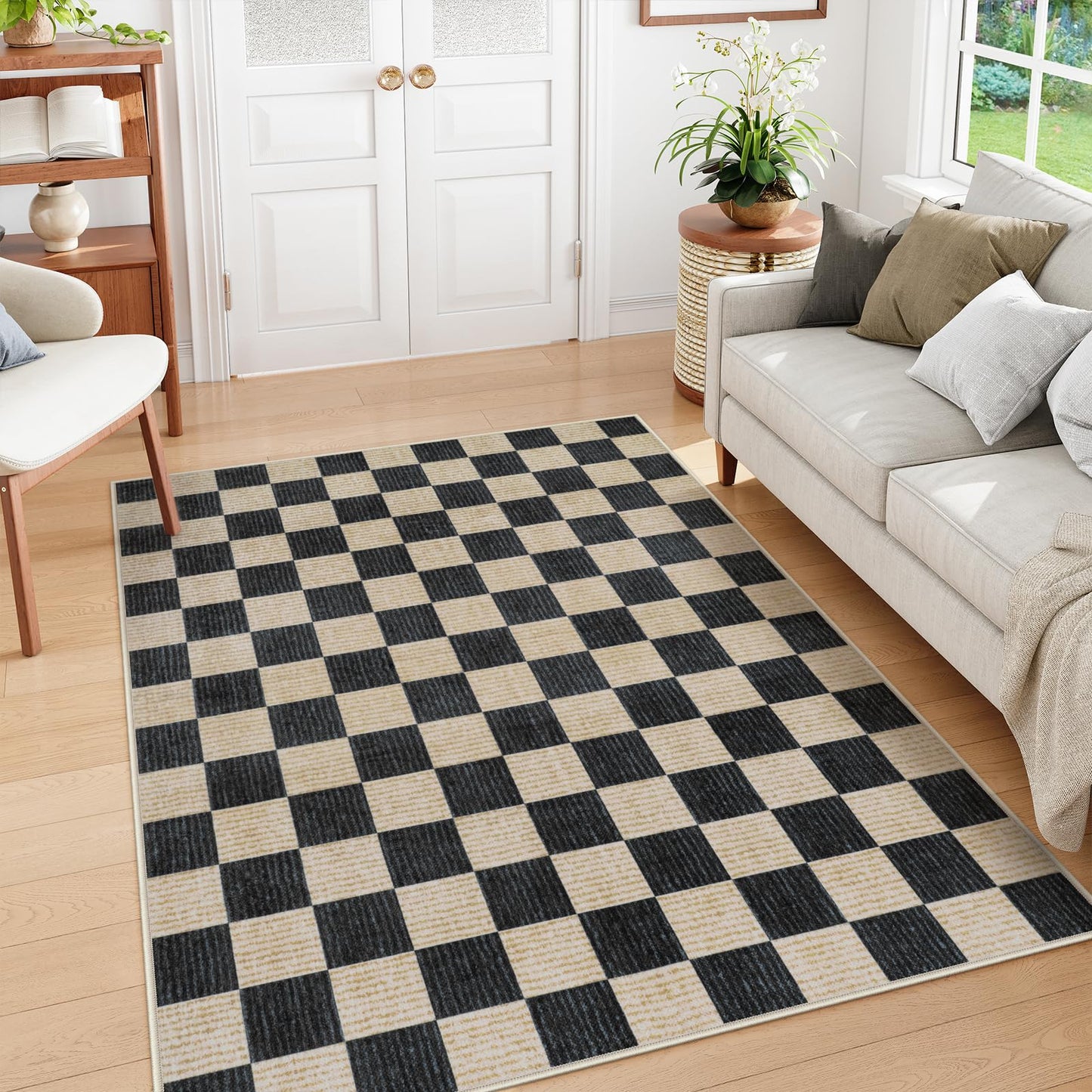 RUG ROBOT Washable Area Rugs for Living Room, Non-Slip Rugs for Bedroom, Farmhouse Checkered Rug, Soft Large Carpet for Kitchen Playroom