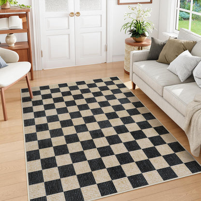 RUG ROBOT Washable Area Rugs for Living Room, Non-Slip Rugs for Bedroom, Farmhouse Checkered Rug, Soft Large Carpet for Kitchen Playroom
