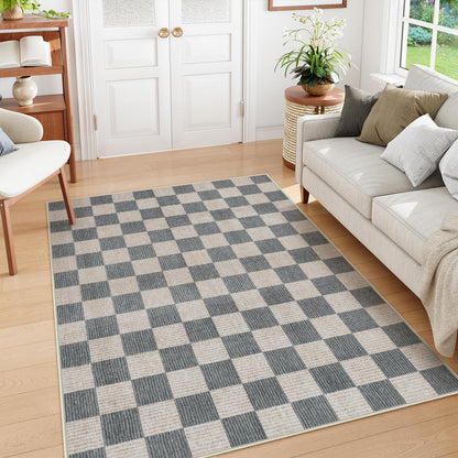 RUG ROBOT Washable Area Rugs for Living Room, Non-Slip Rugs for Bedroom, Farmhouse Checkered Rug, Soft Large Carpet for Kitchen Playroom