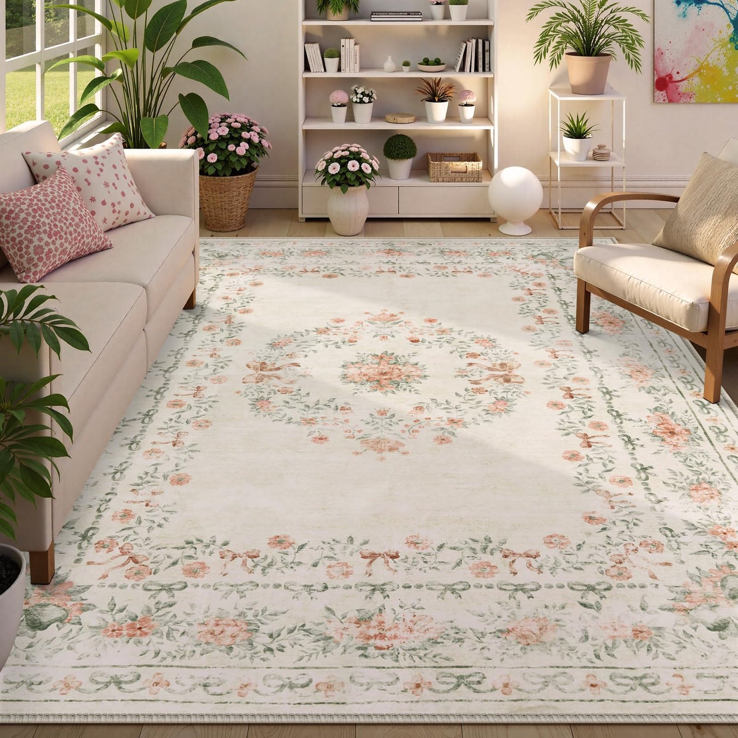 Lahome Non-Shedding Washable Area Rug, Floral Bow Boho Low-Pile Carpet for Bedroom Living Room and Dorm, Ultra-Thin Soft Neutral Mat